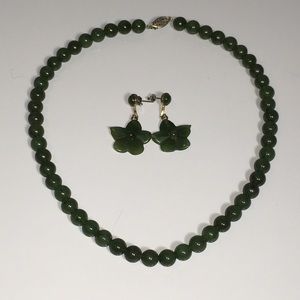 Vintage British Columbia jade round bead necklace with matching Dogwood earrings